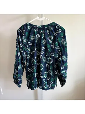 Loft EUC Women's Floral Shirred Tie Neck Blouse Long Sleeve Blue Size L thumbnail 6