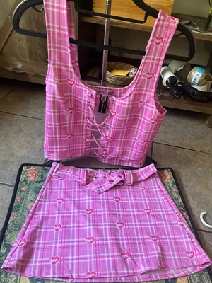 Dolls Kill bratz set Pink Plaid Lace-Up Crop Top & Belted Mini Skirt Set thumbnail 8