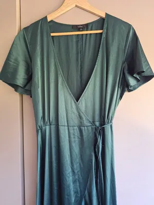 Lulus Love Of Your Life Dark Green Satin Ruffled Wrap Maxi Dress M thumbnail 6