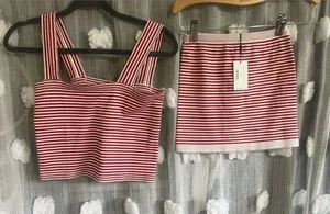 Red & White Striped Knit Crop Top and Mini Skirt Set thumbnail 1