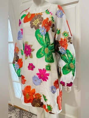 En Crème Floral Organza Bubble Sleeve Mini Dress long sleeve womens Sz Medium thumbnail 6