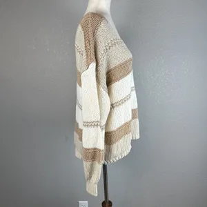 Magnolia Boho V-Neck Pullover Sweater‎ One Size Neutral Beige Ivory Stripe NEW thumbnail 5