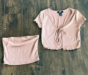 Light Brown Short Sleeve Cardigan and Tube Top Set thumbnail 1