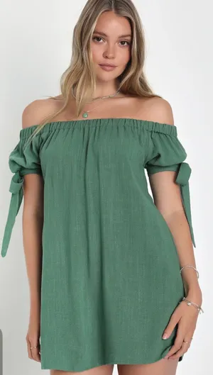 Lulus Size S Al Fresco Evenings Olive Green Off-the-Shoulder Shift Dress thumbnail 1