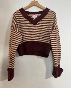 Pink Republic Striped V-Neck Sweater in Burgundy, Cream & Mustard cropped thumbnail 1