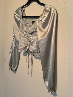 Japna Satin Smocked Ruched Long Sleeve Crop Top XS Pale Sage Gray thumbnail 3