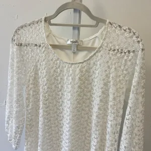 Dressbarn‎ Lace Tunic Top Small Handkerchief Hem 3/4 Sleeve Crochet Boho White thumbnail 3
