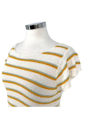 Madewell Striped Short Sleeve Knit Top White Yellow Casual 70s Retro Size Small thumbnail 3
