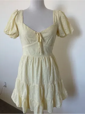 Francesca's butter yellow Puff Sleeve Tiered Mini Dress thumbnail 1