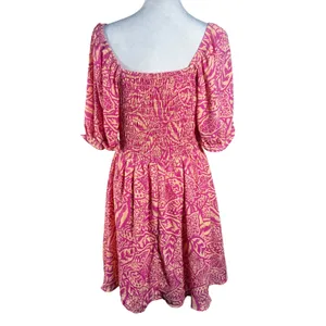 Sienna Sky Tropical‎ Puff Sleeve Dress Womens Medium Pink Excellent Smocked Back thumbnail 2