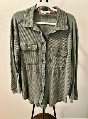Rewind Waffle Knit Shacket Women's Green Utility Jacket Medium thumbnail 1