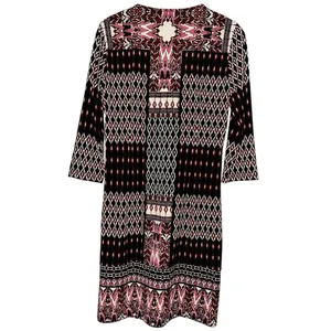 Hale Bob Vintage Womens Size M Black Burgundy Geo Printed Henley Neck Mini Dress thumbnail 3