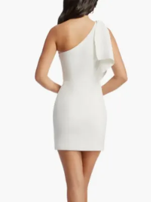 Dress the Population NWOT White One Shoulder Bow Crepe Mini Dress Size S thumbnail 2