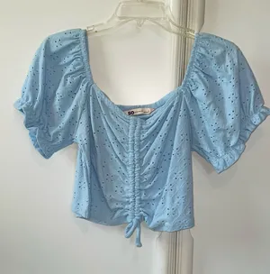 SO Cinch Front Puff Sleeve Eyelet Crop Top – blue Size XL thumbnail 1