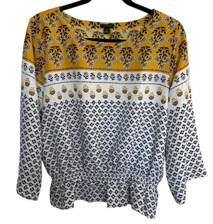 Ann Taylor Floral Border Print Peplum Blouse Mustard White Women Size Medium thumbnail 1