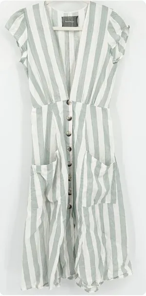Reformation Womens Bayu‎ Linen Dress Size 2 Baltic Striped Button Front Pockets thumbnail 1