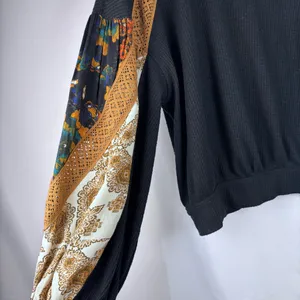 Free People Black Waffle Knit Mixed Print Balloon Sleeve Pullover Top (M/L) thumbnail 4