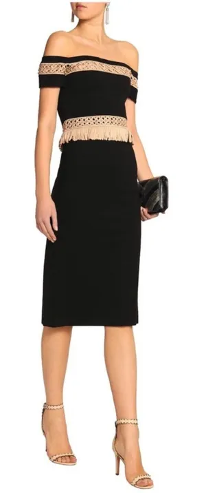 Alexis Bailey black off shoulder midi dress with cream fringe, small thumbnail 1