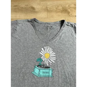 EUC Womens Life is Good short sleeve gray v-neck chusher tee flower record sz XL thumbnail 4