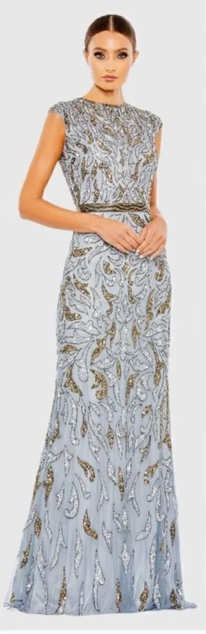 Mac Duggal 6 Silver Gray Gold Beaded Illusion Cap Sleeve Column Gown Maxi Dress thumbnail 1