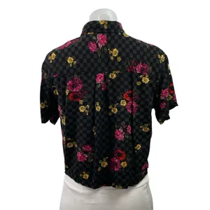 Vans Black Check Gingham Floral Short Sleeve Cropped Button Down Shirt Top Sz M thumbnail 3