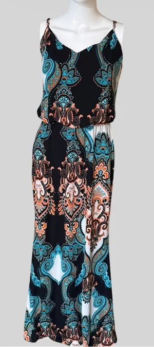 S-Twelve Black Maxi Dress with Teal & Coral Paisley thumbnail 1