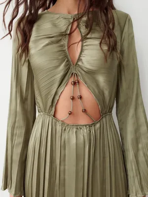 Zara Olive Cutout Pleated Midi Dress thumbnail 4