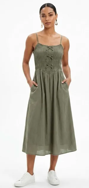 American Eagle Smocked Midi Dress in Olive Green – Size Small thumbnail 1