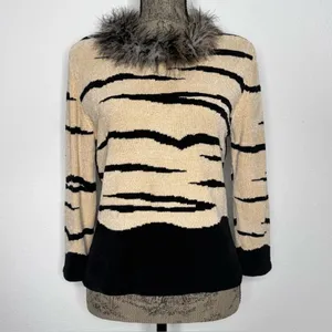 Elizabeth New York Tan Black Fuzzy Collar Rare Vintage Sweater Top Small thumbnail 2