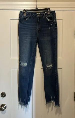 Wonderly Mid Rise Slim Flare Distressed Jeans Dark Blue Denim Size 16 Curvy Plus thumbnail 1