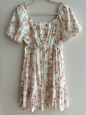 Blu Pepper Floral Puff Sleeve Mini Dress, White/Brown, Size Medium thumbnail 11