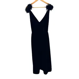 A Loves A Black Velvet V-Neck Midi Dress Feather Shoulder‎ Trim S Glam No Belt thumbnail 2