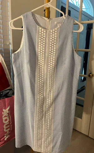 London Times Blue & White Striped Seersucker Dress with Crochet Panel thumbnail 1