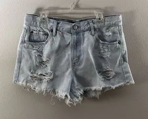 Aeropostale Women Light Blue Denim Jean Cheeky Shorts Distressed‎ Ripped size 8 thumbnail 1