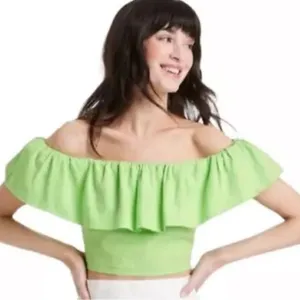 A New Day Off-the-Shoulder Ruffle Crop Top – Size L – Lime Green - NWT thumbnail 1