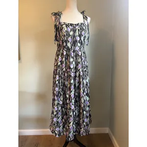 Moon River Purple floral Tiered Midi Dress Black Tie Strap Large boho whimsi re thumbnail 2
