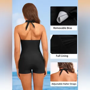 Tempt me One Piece with Shorts - Tummy Control Retro Bathing Suit Halter Boyleg thumbnail 2