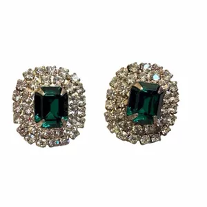 Vintage Emerald Cut Green Rhinestone Halo Stud Earrings thumbnail 2