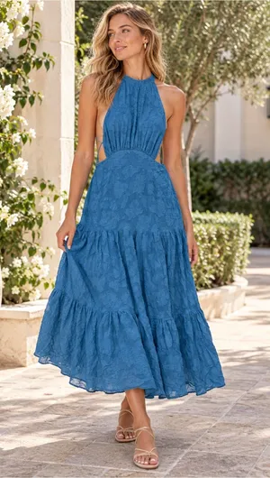 Karina Grimaldi Blue Halter Cutout Tiered Maxi Dress Size Large thumbnail 1