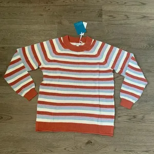 Pastel Stripe Pointelle Lightweight Knit Sweater Coastal Grandma Boho Size M NWT thumbnail 2