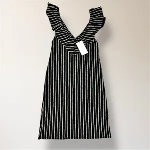 Zara Black Tan Striped Ruffle V‎ Neck Midi Dress Open Back Cottagecore Boho NWT thumbnail 6
