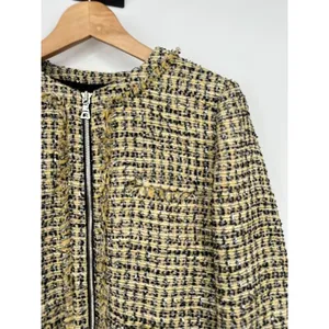 Ann Taylor Tweed‎ Jacket Bomber Zip Blazer Size 8 Fringe Career Yellow Metallic thumbnail 3