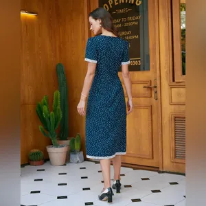 Rihoas Navy Polka Dot Lace Midi Dress thumbnail 4