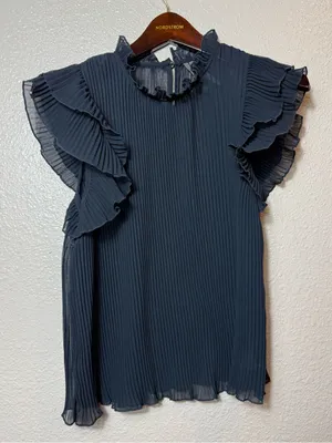 Anthropologie Pleated Sheer Chiffon Ruffle‎ Mock Neck Blouse Slate Blue Size M thumbnail 1
