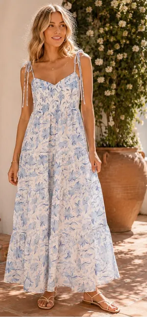 WAYF Blue Floral Tie Strap Smocked Bustier Tiered Midi Dress M thumbnail 1