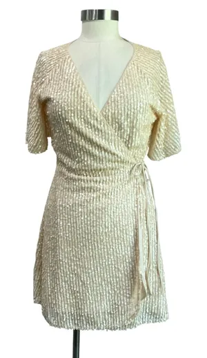 Zara Light Beige Sequin Mini Wrap Dress Party Cocktail Holiday Size‎ L thumbnail 1