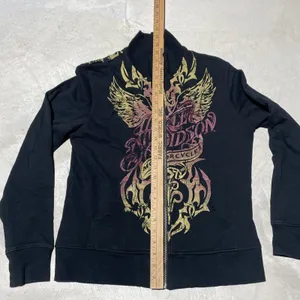 Y2K Harley Davidson Women's SZ L Sweatshirt Black Collar Applique Zip AOP thumbnail 6