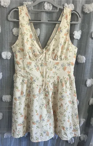 Cider Cream Floral Mini Dress with Peach & Green Accents thumbnail 1