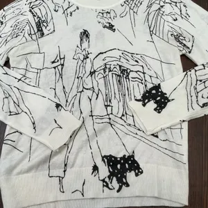 Unbranded Artistic Sketch Print 100% Wool Sweater White Black Dog Art Small S thumbnail 2
