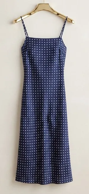 Urban Outfitters Slip Dress Womens‎ XS Navy Polka Dot Satin Midi Square Neck thumbnail 1
